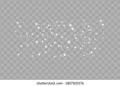 The dust sparks and white stars shine with special light. Vector sparkles on a transparent background. Christmas light effect. Sparkling magical dust particles.