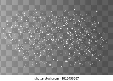The dust sparks and white stars shine with special light. Vector sparkles on a transparent background. Christmas light effect. Sparkling magical dust particles.