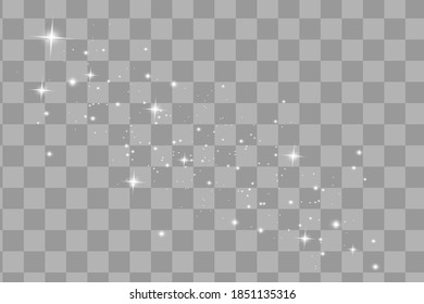 The dust sparks and white stars shine with special light. Vector sparkles on a transparent background. Christmas light effect. Sparkling magical dust particles.