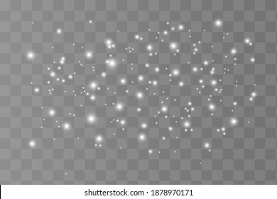 The dust sparks and white stars shine with special light. Vector sparkles on a transparent background. Christmas light effect. Sparkling magical dust particles.