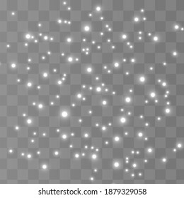 The dust sparks and white stars shine with special light. Vector sparkles on a transparent background. Christmas light effect. Sparkling magical dust particles.