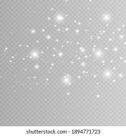 The dust sparks and white stars shine with special light. Vector sparkles on a transparent background. Christmas light effect. Sparkling magical dust particles.