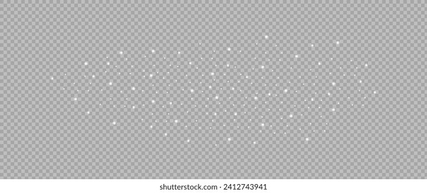 The dust sparks and white stars shine with special light. Vector sparkles on a transparent background. Christmas light effect. Sparkling magical dust particles.
