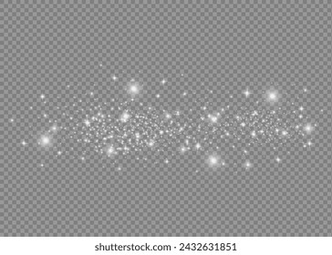 The dust sparks and white stars shine with special light. Vector sparkles on a transparent background. Christmas light effect. Sparkling magical dust particles
