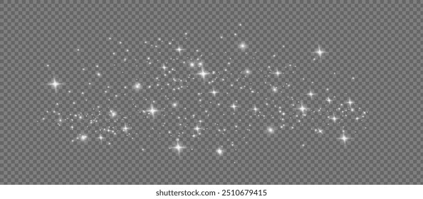 The dust sparks and white stars shine with special light. Vector sparkles on a transparent background. Christmas light effect. Sparkling magical dust particles.