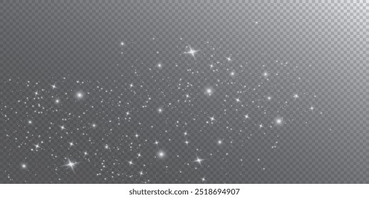 The dust sparks and white stars shine with special light. Vector sparkles on a transparent background. Christmas light effect. Sparkling magical dust particles.