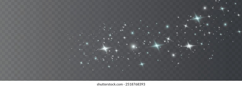 The dust sparks and white stars shine with special light. Vector sparkles on a transparent background. Christmas light effect. Sparkling magical dust particles.
