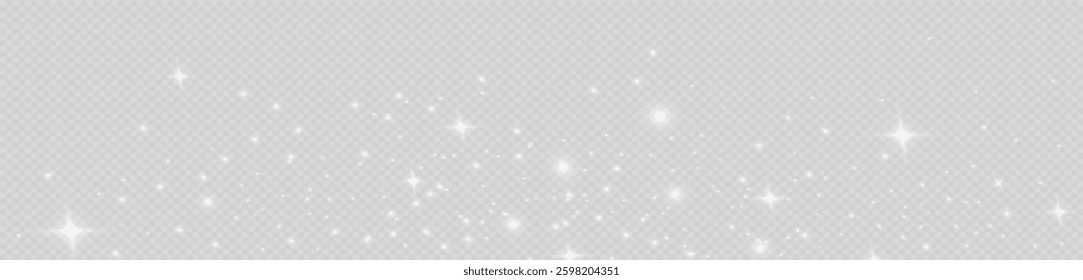 The dust sparks and white stars shine with special light. Vector sparkles on a transparent background. Christmas light effect. Sparkling magical dust particles