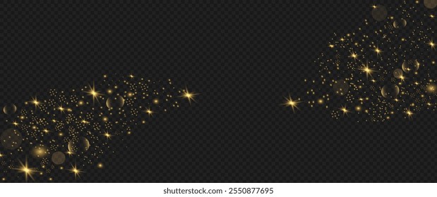 The dust sparks and yellow or gold stars shine with special light. Christmas light effect. Sparkling magical dust particles. Sparkles on a transparent background. Vector