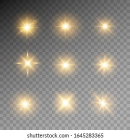 Dust sparks and yellow stars shine with special light. Vector sparkles on a transparent background. Christmas light effect. Sparkling magical dust particles.