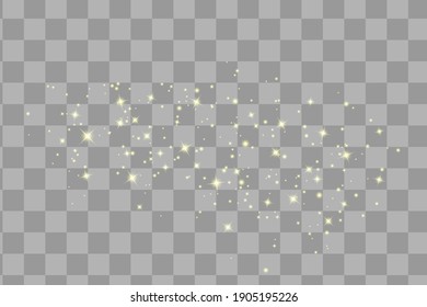 The dust sparks and yellow stars shine with special light. Vector sparkles on a transparent background. Christmas light effect. Sparkling magical dust particles.