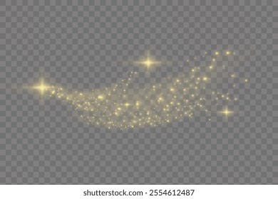 The dust sparks.Gold sparks and golden stars glitter special light effect. Vector sparkles on transparent background. Christmas abstract pattern. Sparkling magic dust particles.