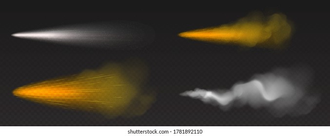 Dust spray, gold and white smoke, powder or water drops trail with particles. Flow mist, smoky stream, aroma or toxic clouds, steaming chemincal vapour, realistic 3d vector isolated haze mockup set