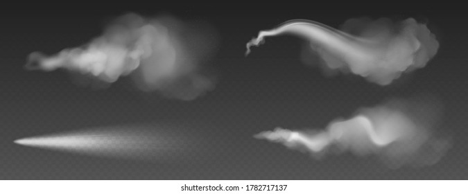 Dust spray, white smoke, powder or water drops trail. Flow mist, smoky stream, aroma or toxic clouds, steaming chemical or cosmetics product vapour, haze. Realistic 3d vector isolated clip art set