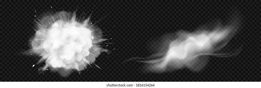 Dust spray, white smoke, powder explosion with particles. Flow mist, smoky stream trail, aroma or toxic clouds, steaming chemical or cosmetics product vapour. Realistic 3d vector isolated clip art set