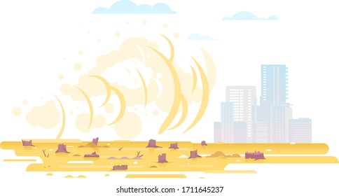 Dust storm from deforestation place goes to city, nature disaster concept illustration in flat style isolated, cutting down trees, environmental pollution and ecological problems