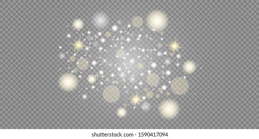 The dust is white. White and golden stars shine with special light. Vector sparkles on a transparent background. Christmas light effect. Sparkling magical dust particles.