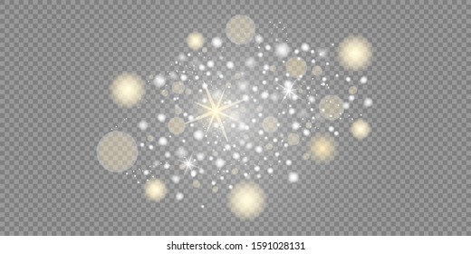 The dust is white. White and golden stars shine with special light. Vector sparkles on a transparent background. Christmas light effect. Sparkling magical dust particles.
