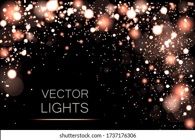 Dust white. Sparkling magical dust particles.  Shiny defocused gold bokeh lights. Festive gold background for card, flyer, invitation, placard, voucher.