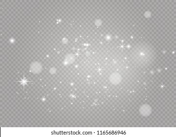 Dust white. White sparks and golden stars shine with special light. Vector sparkles on a transparent background. Christmas abstract pattern. Sparkling magical dust particles.