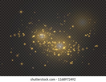 Dust white. White sparks and golden stars shine with special light. Vector sparkles on a transparent background. Christmas abstract pattern. Sparkling magical dust particles.