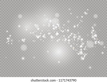 Dust white. White sparks and golden stars shine with special light. Vector sparkles on a transparent background. Christmas abstract pattern. Sparkling magical dust particles.
