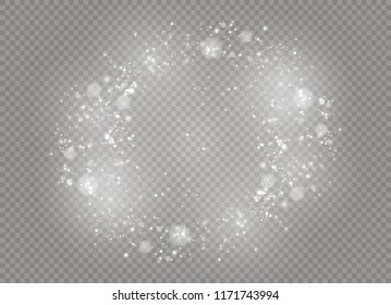 Dust white. White sparks and golden stars shine with special light. Vector sparkles on a transparent background. Christmas abstract pattern. Sparkling magical dust particles.