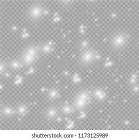 The dust is white. White sparks and golden stars shine with special light. Vector sparkles on a transparent background. Christmas in the light effect. Sparkling magical dust particles.