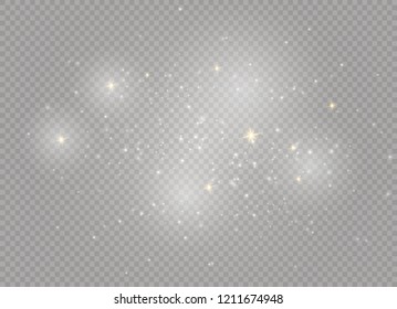 Dust white. White sparks and golden stars shine with special light. Vector sparkles on a transparent background. Christmas abstract pattern. Sparkling magical dust particles.