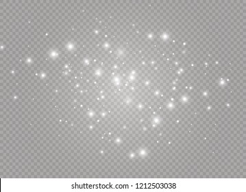 Dust white. White sparks and golden stars shine with special light. Vector sparkles on a transparent background. Christmas abstract pattern. Sparkling magical dust particles.