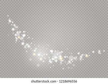 Dust white. White sparks and golden stars shine with special light. Vector sparkles on a transparent background. Christmas abstract pattern. Sparkling magical dust particles.