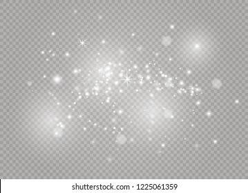 Dust white. White sparks and golden stars shine with special light. Vector sparkles on a transparent background. Christmas abstract pattern. Sparkling magical dust particles.