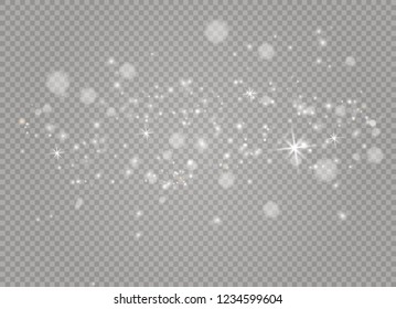 Dust white. White sparks and golden stars shine with special light. Vector sparkles on a transparent background. Christmas abstract pattern. Sparkling magical dust particles.