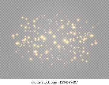 Dust white. White sparks and golden stars shine with special light. Vector sparkles on a transparent background. Christmas abstract pattern. Sparkling magical dust particles.