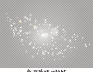 Dust white. White sparks and golden stars shine with special light. Vector sparkles on a transparent background. Christmas abstract pattern. Sparkling magical dust particles.