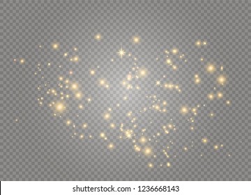 Dust white. White sparks and golden stars shine with special light. Vector sparkles on a transparent background. Christmas abstract pattern. Sparkling magical dust particles.