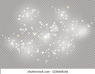 Dust white. White sparks and golden stars shine with special light. Vector sparkles on a transparent background. Christmas abstract pattern. Sparkling magical dust particles.