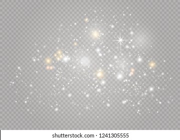Dust white. White sparks and golden stars shine with special light. Vector sparkles on a transparent background. Christmas abstract pattern. Sparkling magical dust particles.