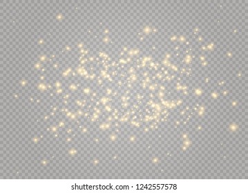 Dust white. White sparks and golden stars shine with special light. Vector sparkles on a transparent background. Christmas abstract pattern. Sparkling magical dust particles.