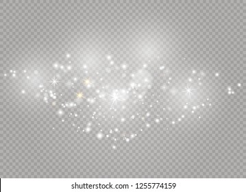 Dust white. White sparks and golden stars shine with special light. Vector sparkles on a transparent background. Christmas abstract pattern. Sparkling magical dust particles.