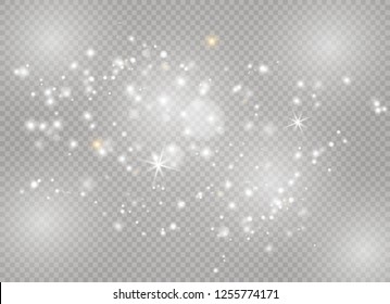 Dust white. White sparks and golden stars shine with special light. Vector sparkles on a transparent background. Christmas abstract pattern. Sparkling magical dust particles.