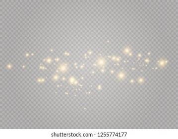 Dust white. White sparks and golden stars shine with special light. Vector sparkles on a transparent background. Christmas abstract pattern. Sparkling magical dust particles.