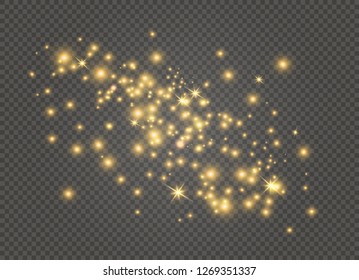 Dust white. White sparks and golden stars shine with special light. Vector sparkles on a transparent background. Christmas abstract pattern. Sparkling magical dust particles.