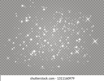 Dust white. White sparks and golden stars shine with special light. Vector sparkles on a transparent background.