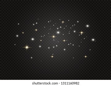 Dust white. White sparks and golden stars shine with special light. Vector sparkles on a transparent background.