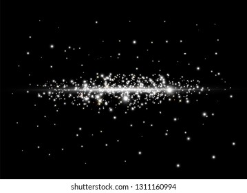 Dust white. White sparks and golden stars shine with special light. Vector sparkles on a transparent background.
