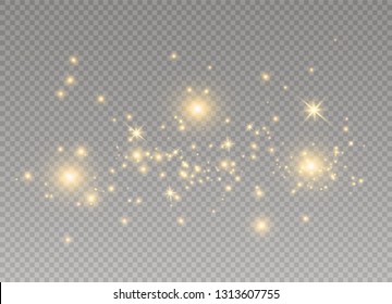 Dust white. White sparks and golden stars shine with special light. Vector sparkles on a transparent background.