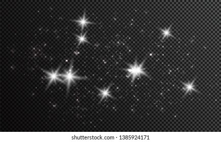 Dust white. White sparks and golden stars shine with special light. Vector sparkles on a transparent background. Christmas abstract pattern. Sparkling magical dust particles.