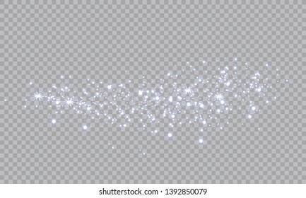 Dust white. White sparks and golden stars shine with special light. Vector sparkles on a transparent background. Christmas abstract pattern. Sparkling magical dust particles.