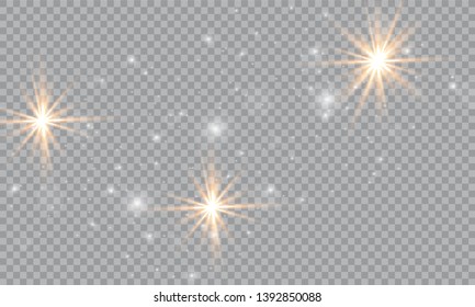 Dust white. White sparks and golden stars shine with special light. Vector sparkles on a transparent background. Christmas abstract pattern. Sparkling magical dust particles.